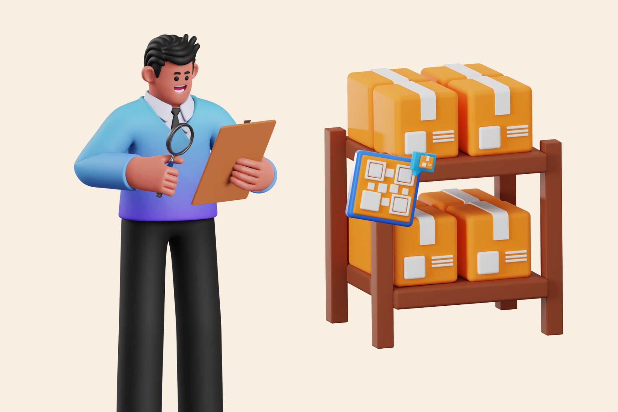 a man checking a folder and an inventory with QR codes