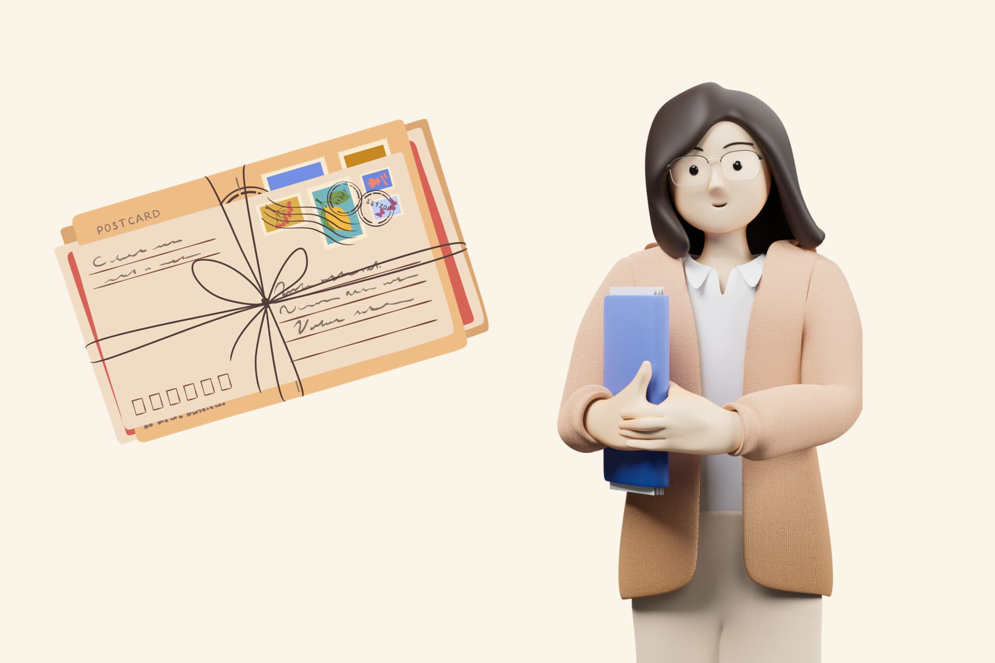 postcard QR code marketing illustration with a woman next to a postcard