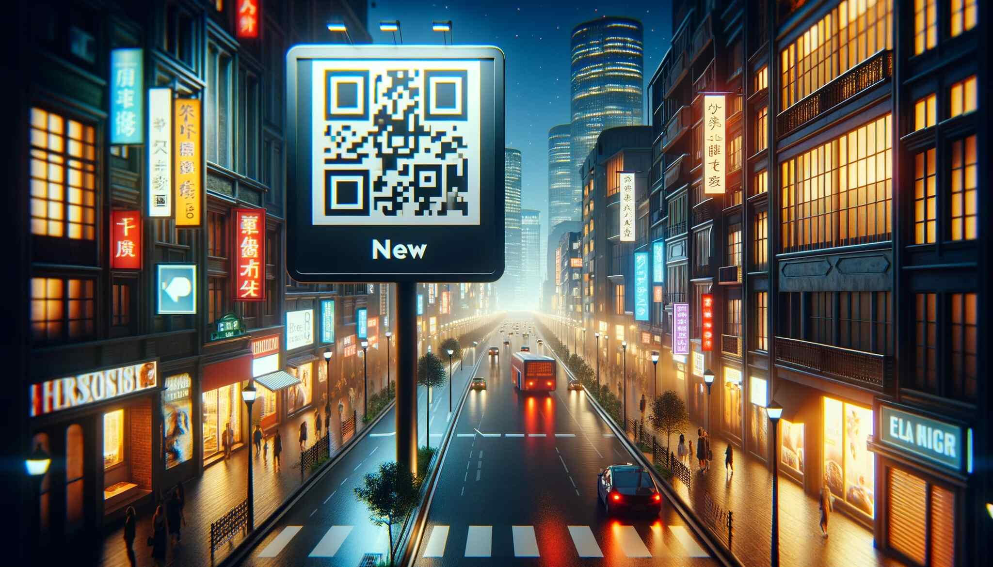 QR code on billboard in a vivid urban landscape