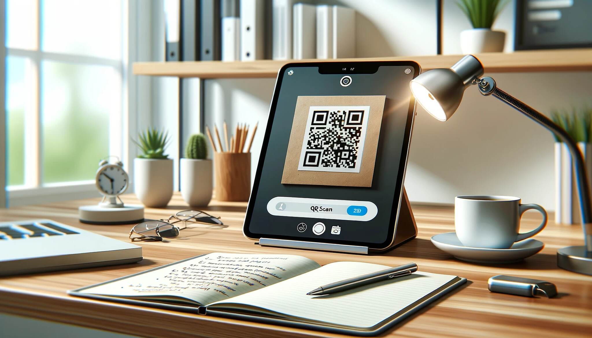 An iPad showing a QR code on a desk