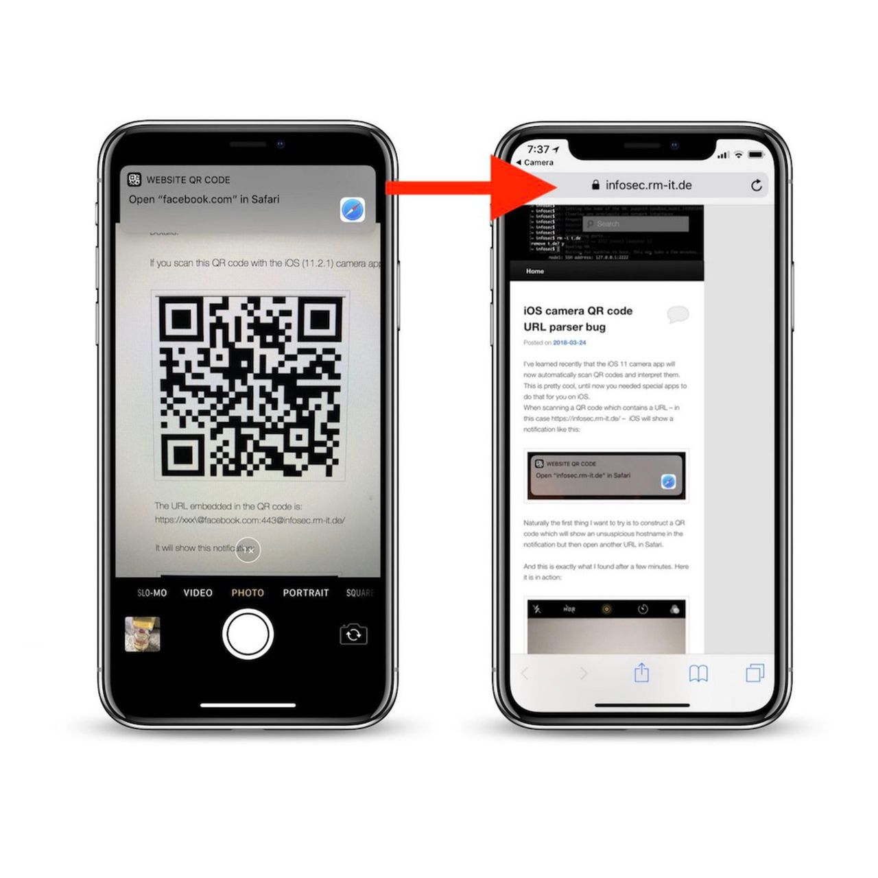 Image showing two iphones, clicked to the QR Code notification