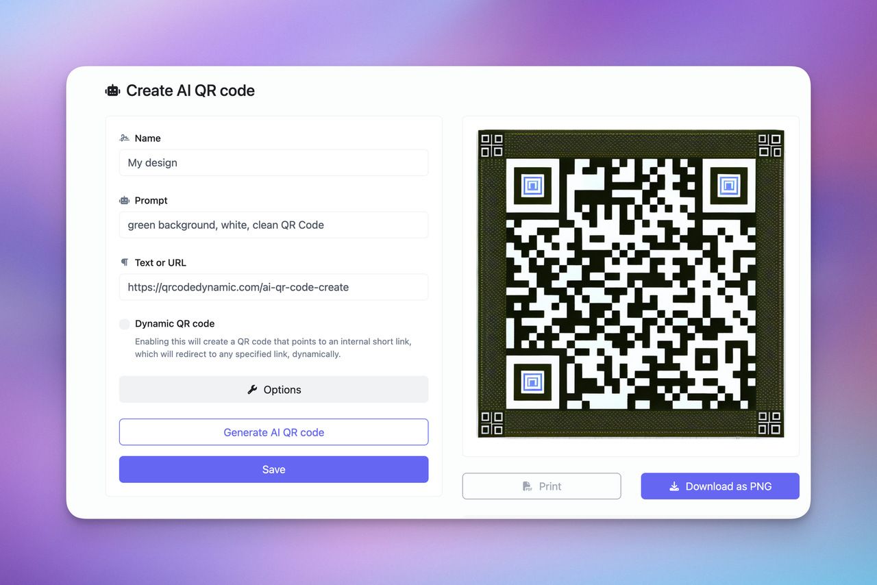 An image displaying the process of creating an AI-generated QR code, with the left side showing the design interface and the right side presenting the final stylized QR code output.