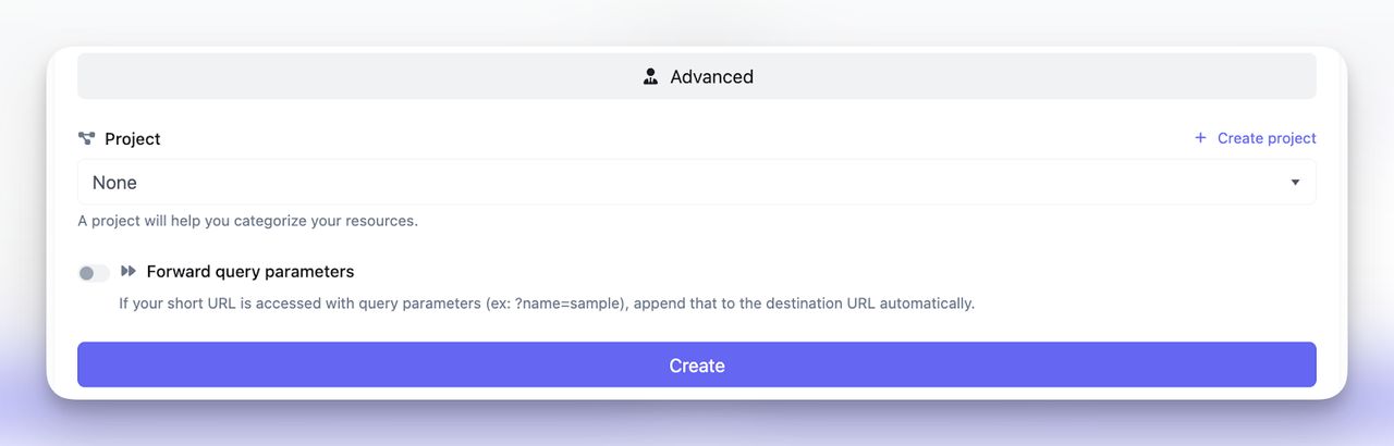 Advanced link settings with project categorization and query parameter options for creating a reddit qr.