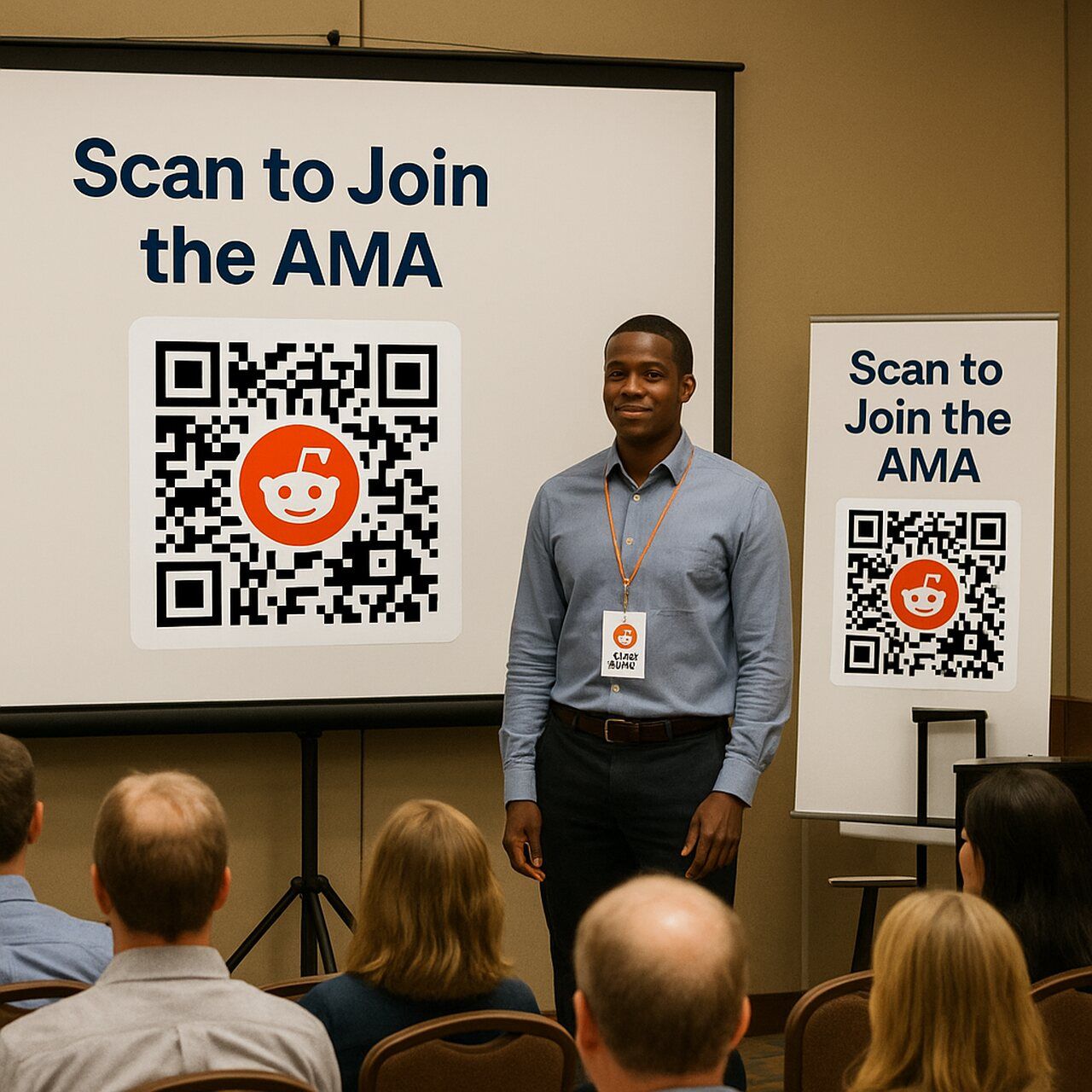 Event display showing a reddit qr on a large screen and banner inviting attendees to join the AMA.