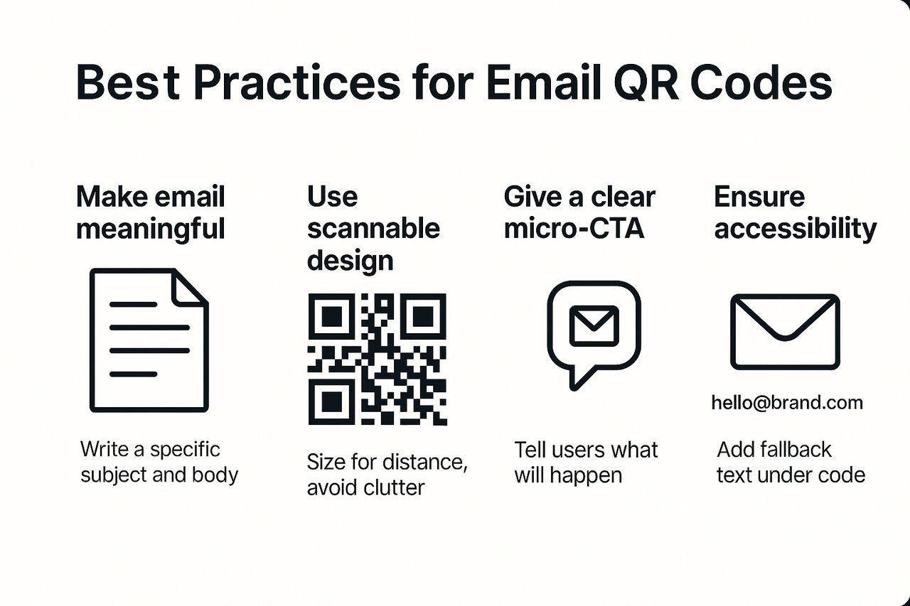 Best practices for email QR codes infographic showing tips on design, accessibility, CTAs, and meaningful email content.