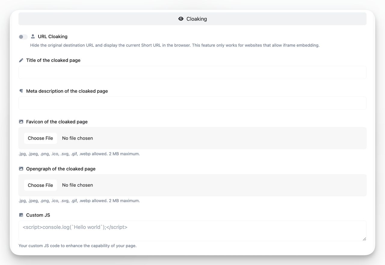 Cloaking settings for customizing a reddit qr destination with title, meta description, favicon, and custom JS.
