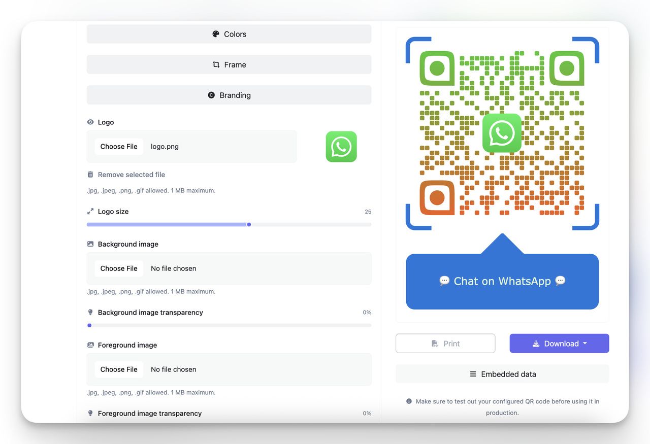 Logo, renkler ve sohbet butonuyla özelleştirilmiş WhatsApp QR kodu