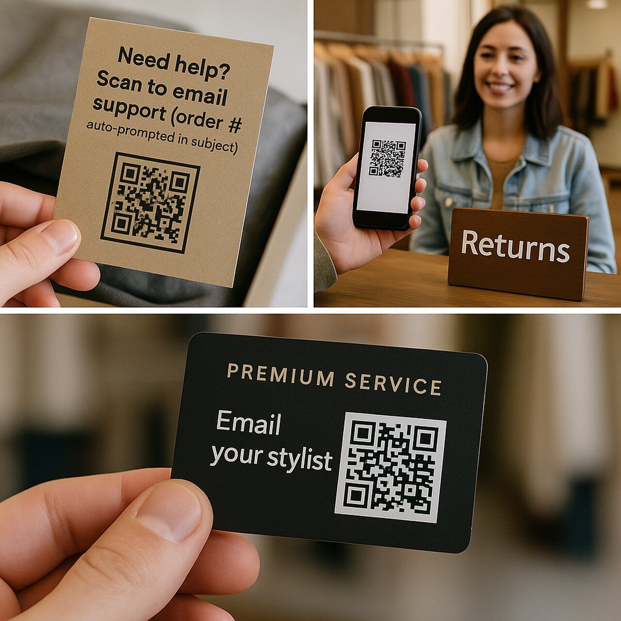 Real-world email QR code examples on retail cards and signage for support, returns, and premium service communication.