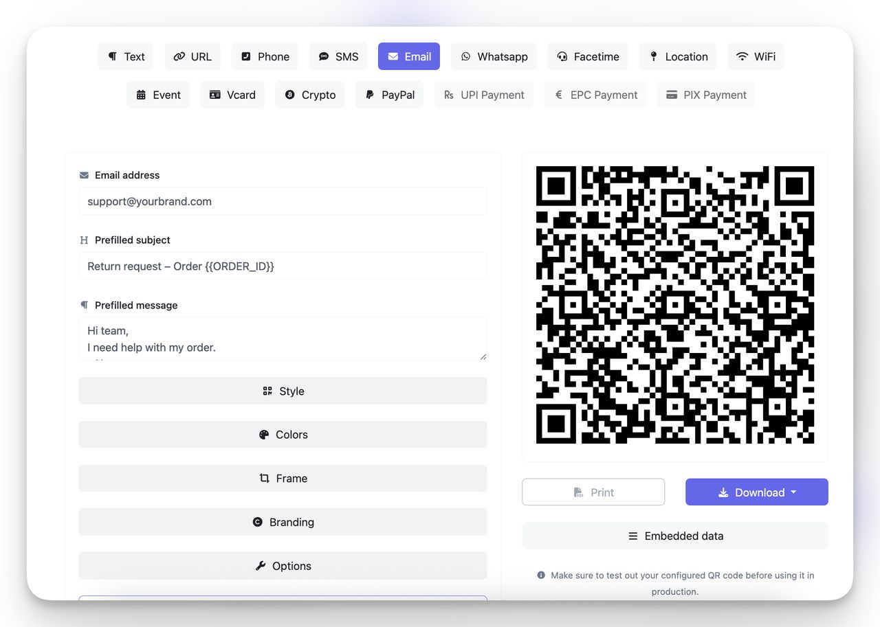 Email QR code generator interface with fields for email address, subject, and prefilled message, plus live QR preview.