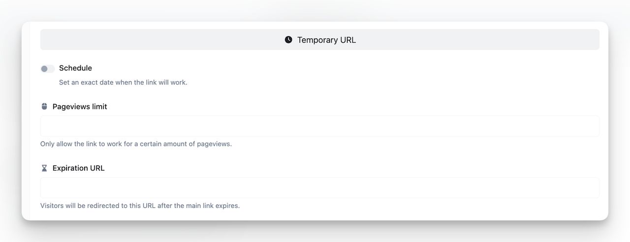Temporary URL settings for a reddit qr with scheduling, pageview limits, and expiration redirects.