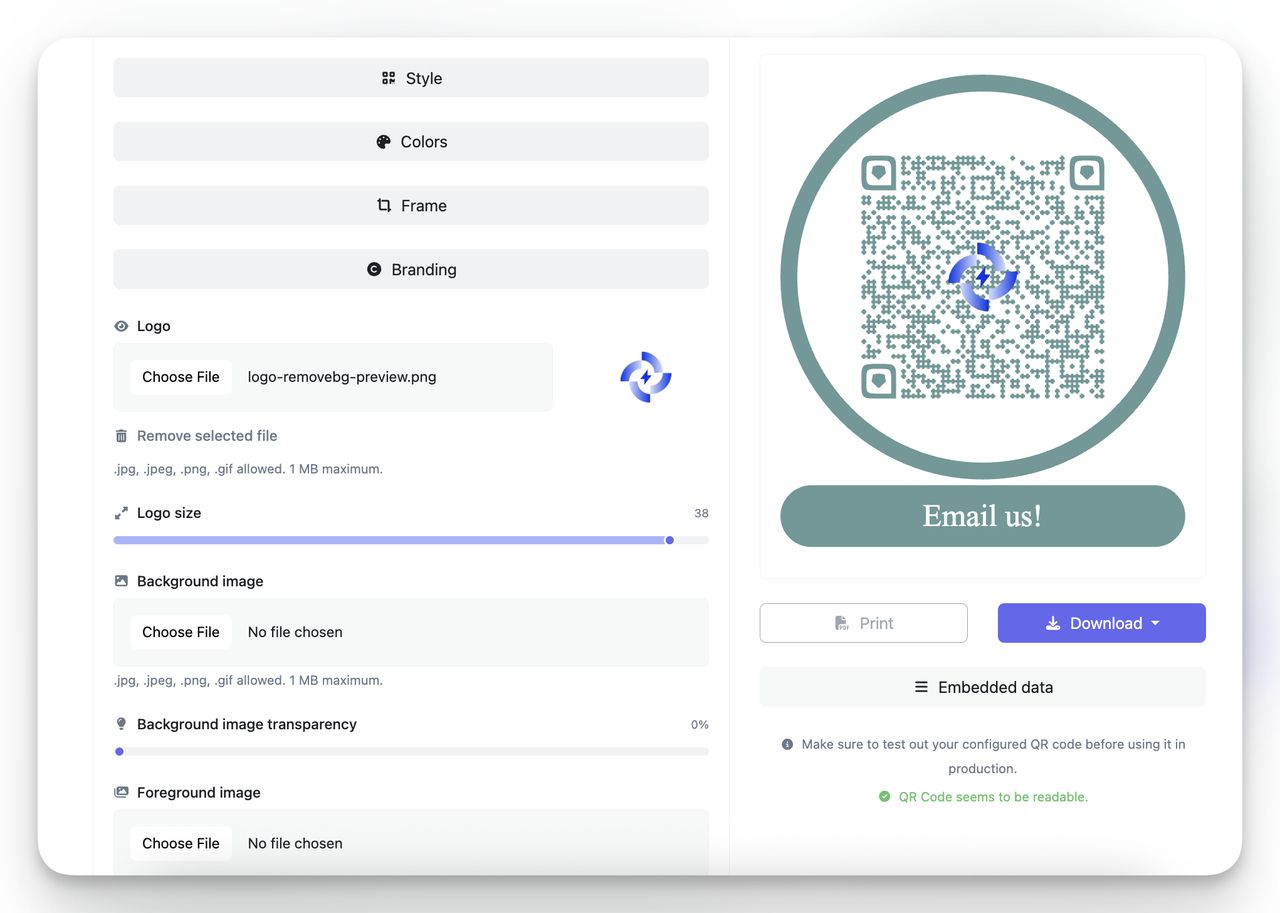 Email QR code generator with customization options like logo, colors, and frames, showing branded QR preview