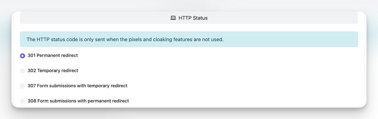 HTTP status options for reddit qr links including 301 permanent redirect and 302 temporary redirect.