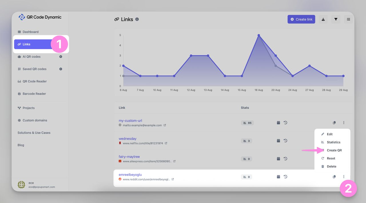 Creating a new link in QR Code Dynamic with active status to generate a reddit qr.