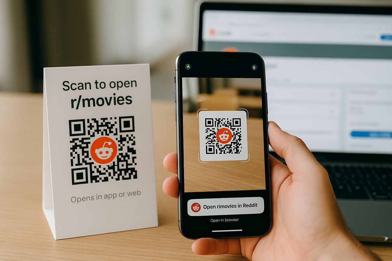 Person scanning a reddit qr on phone to open r/movies subreddit instantly in app or browser.