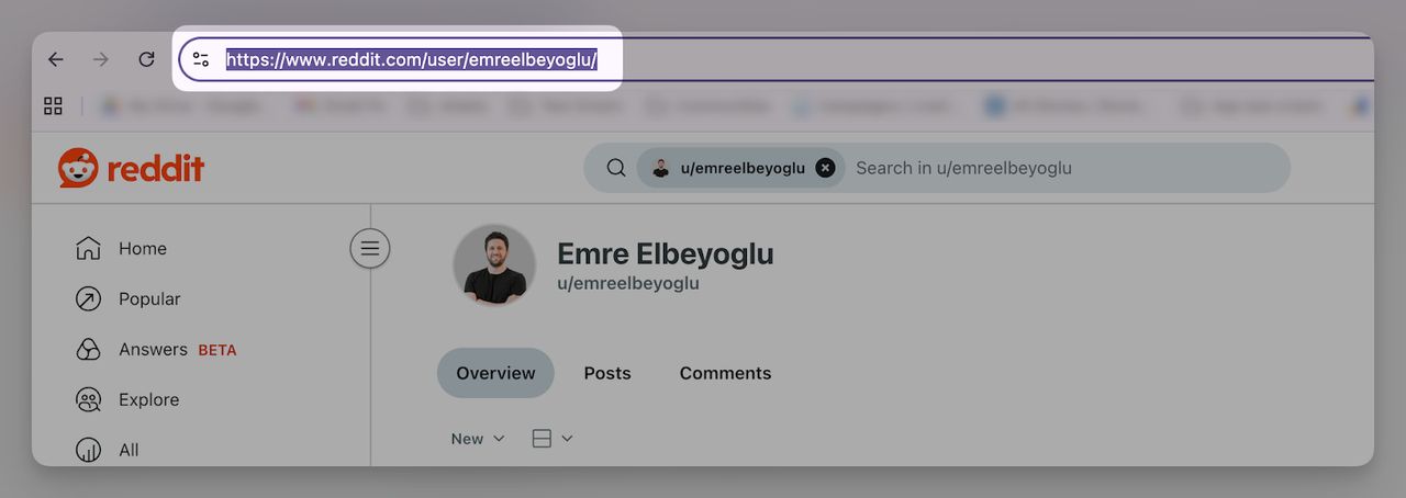 Reddit profile URL highlighted for creating a reddit qr link.