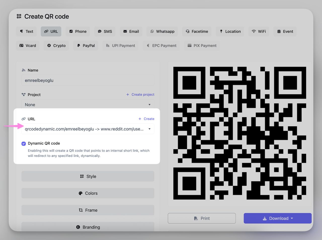 Dynamic reddit qr code generated with a short URL redirecting to a Reddit profile.