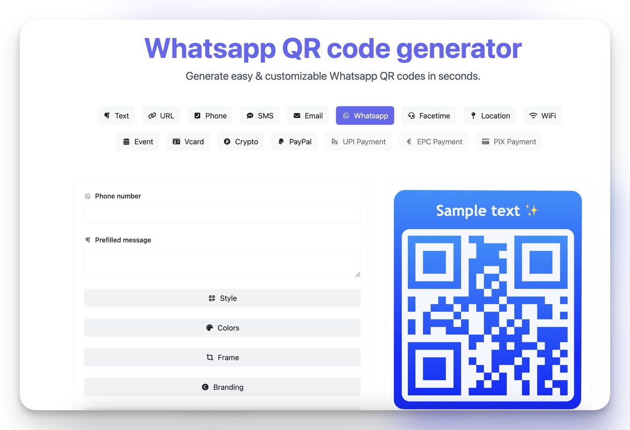 Telefon ve mesaj seçenekleri olan WhatsApp QR kodu oluşturucu arayüzü