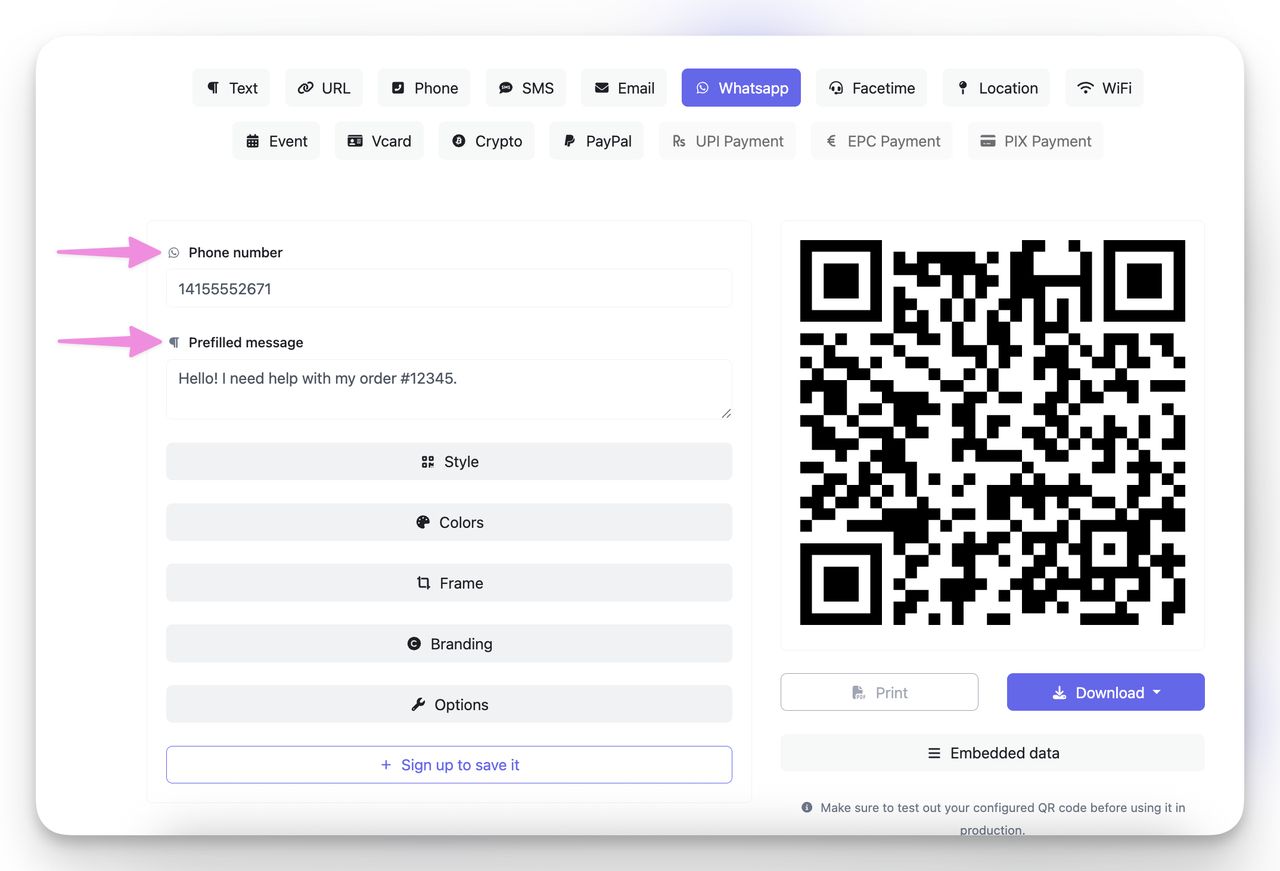 Ön mesaj ve telefon numarasıyla WhatsApp QR kodu örneği