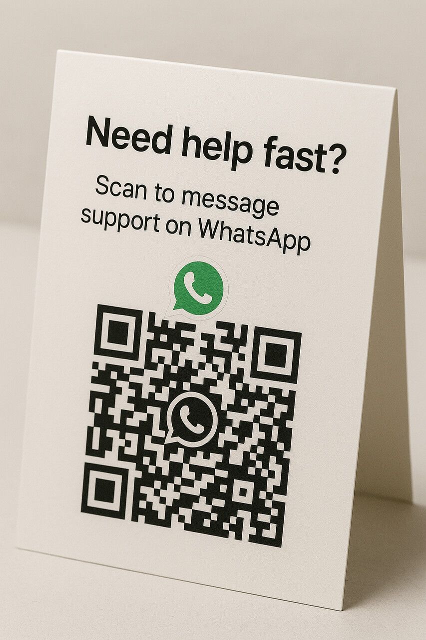 WhatsApp QR kodlu kart ve 'destek için tara' metni