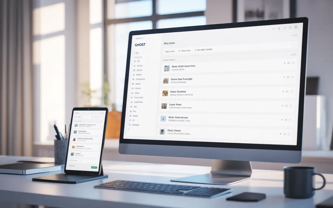 Ghost CMS dashboard showing organized blog posts list on desktop and mobile screens in modern workspace