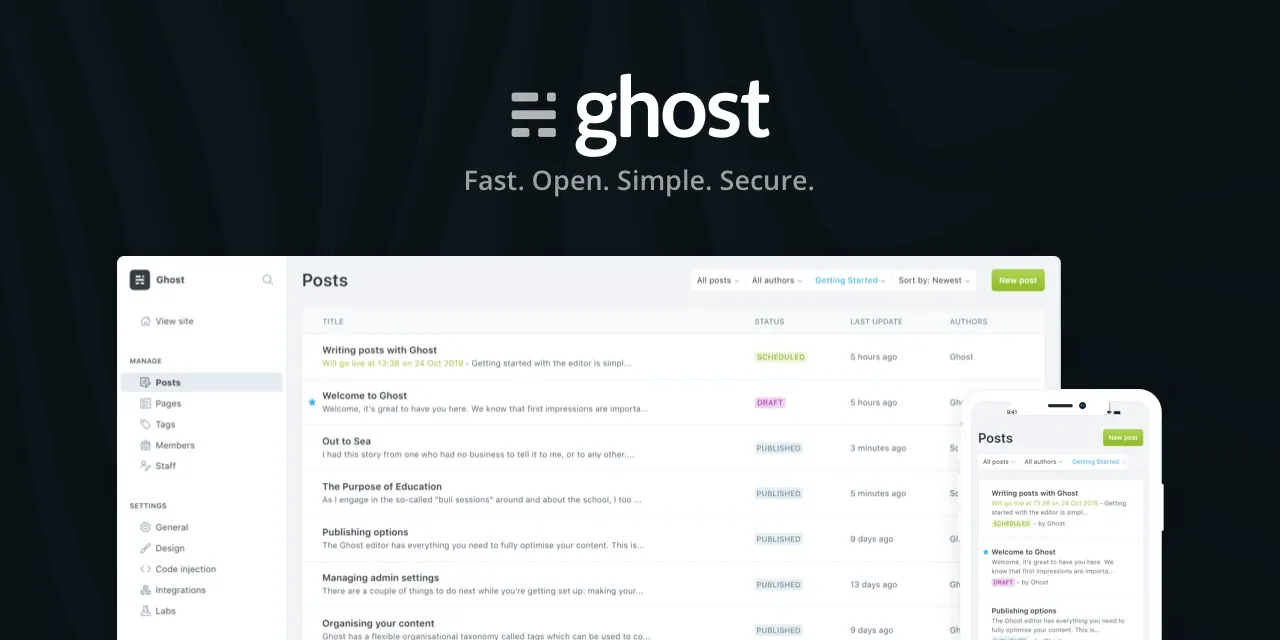 Ghost CMS dashboard on desktop and mobile, displaying post management interface for efficient blogging