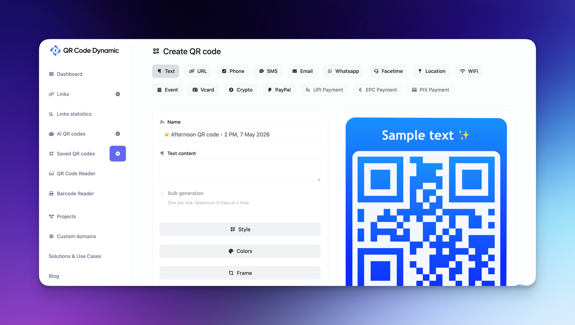 QR Code Dynamic vCard QR code generator form with fields for name, email, website URL, company, and live QR code preview.