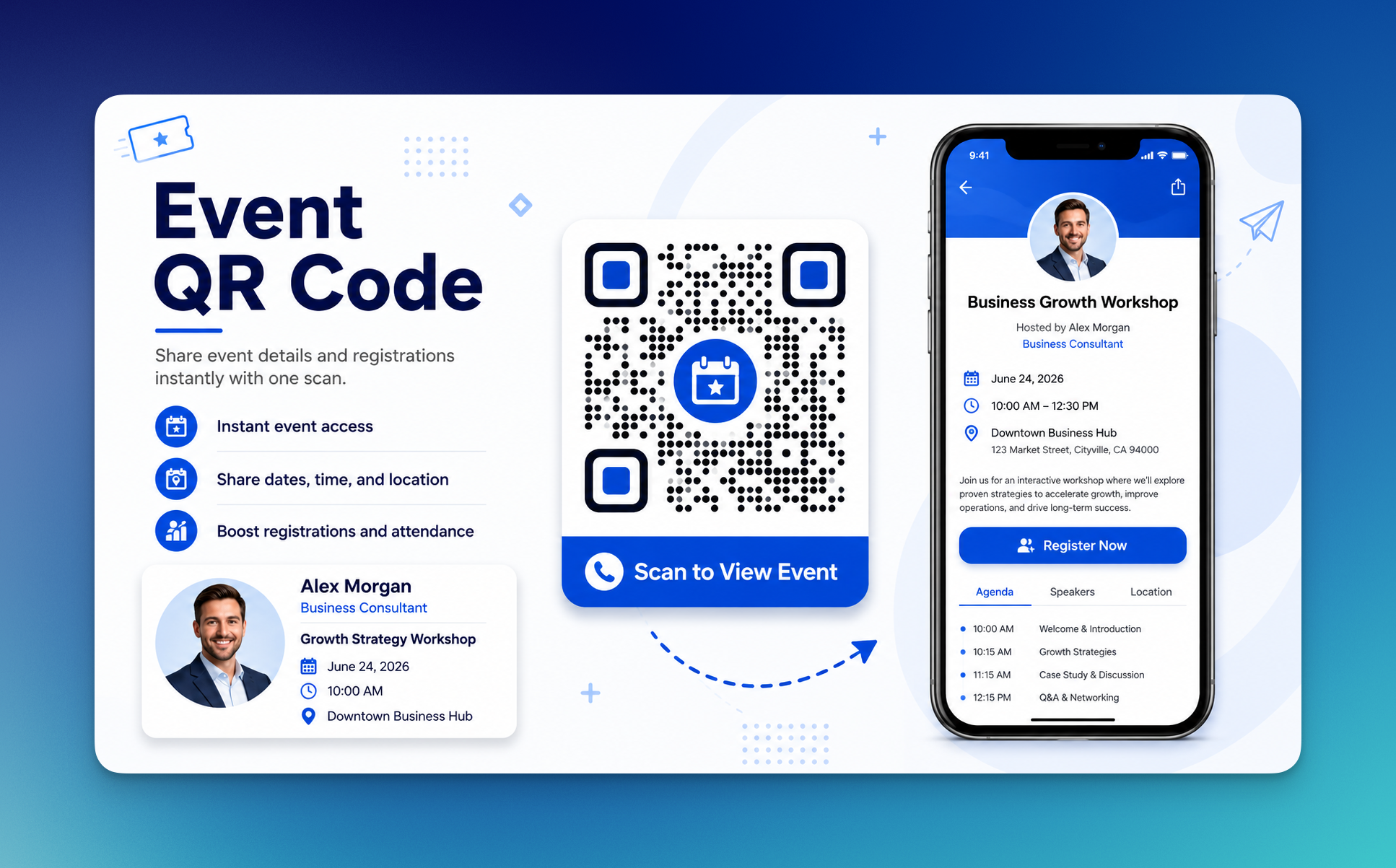 Event QR code example for sharing workshop details, registration link, date, time, location, and agenda with one scan.