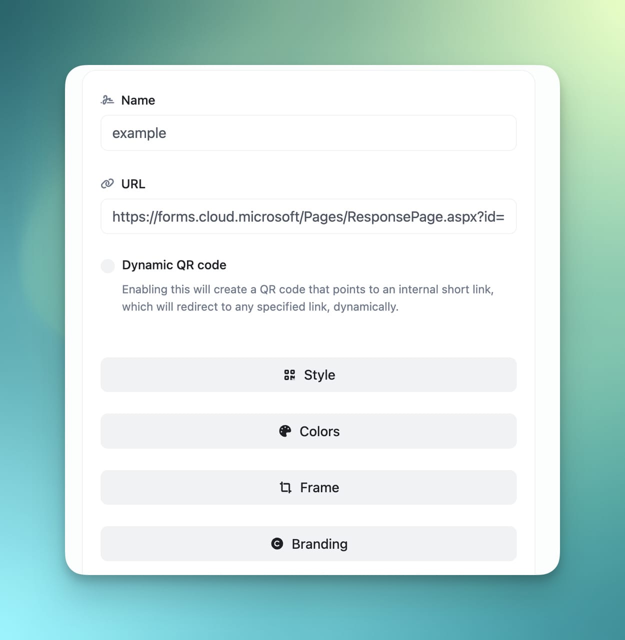 QR code generator interface showing fields for Name, URL, dynamic QR code option, and buttons for Style, Colors, Frame, and Branding settings.