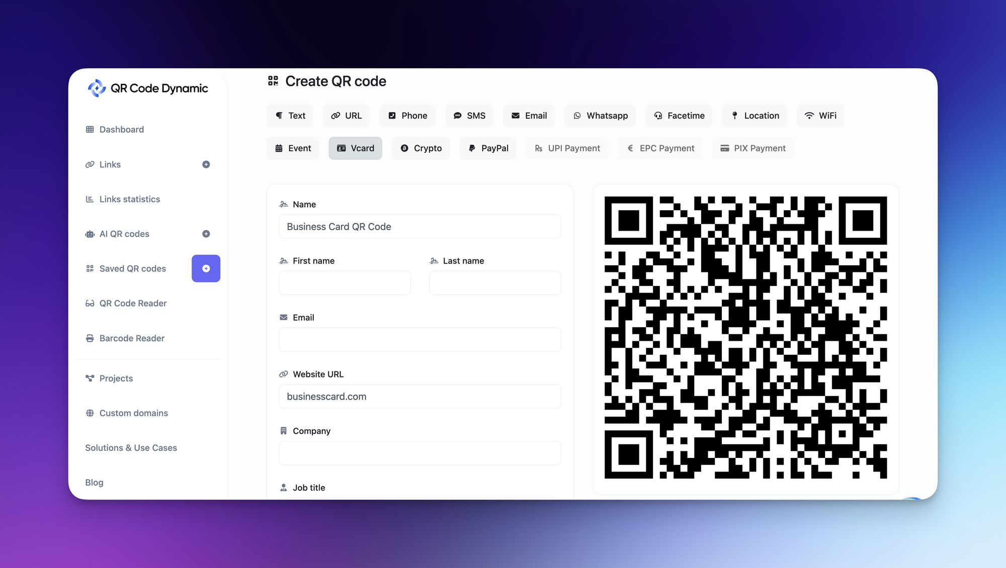 QR Code Dynamic dashboard showing different QR code types, including text, URL, phone, SMS, email, WhatsApp, event, vCard, and payment options.