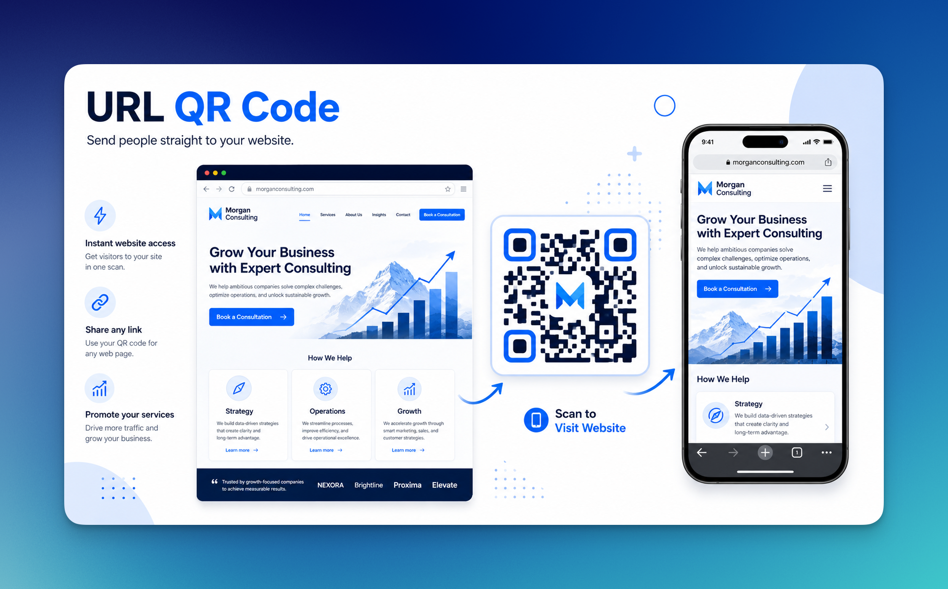 URL QR code example that sends users directly to a consulting website from a desktop or mobile device.