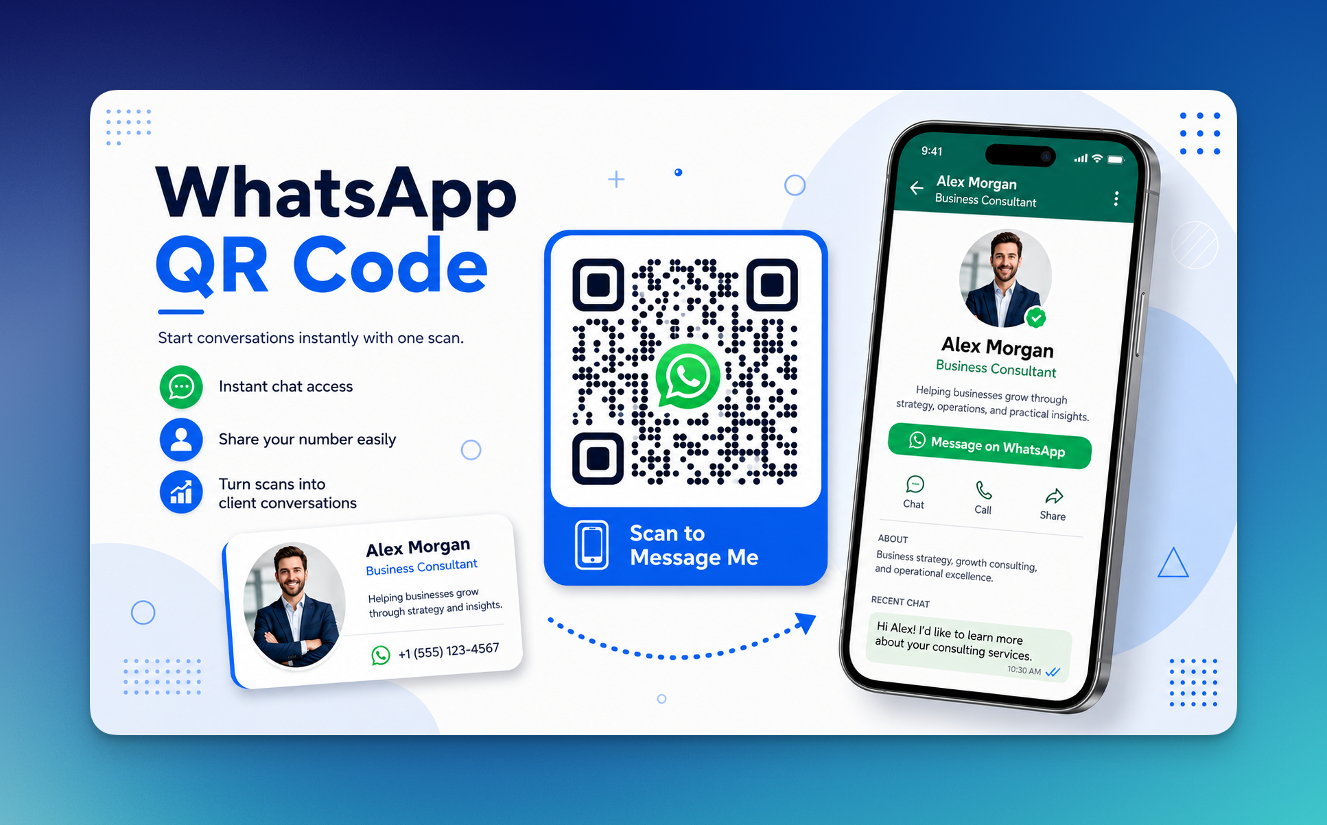 WhatsApp QR code example that lets users scan to start a direct WhatsApp chat with a business consultant.