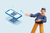 an illustration of a man displaying a phone scanning a QR code