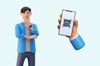 an illustration of a man thinking, and a hand holding a phone that displays a QR code