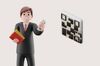 an illustration of a man in suit and a QR code next to him