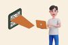 an illustration of a man holding a laptop and a QR code next to him