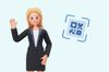 an illustration of a woman wearing suit and a QR code next to her