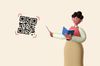 an illustration of a teacher showing a QR code