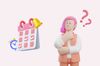 an illustration of a woman with a question mark next to a calendar