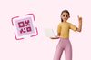 an illustration of a woman using a laptop next to a qr code