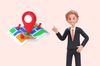 an illustration of a man in suit next to a map with location sign and pins