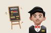 an illustration of a restaurant menu and waiter next to it smiling