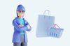 an illustration of a woman smiling next to shopping bag and shopping basket