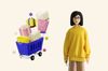 an illustration of packages in shopping cart and a woman smiling