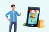 an illustration of a man next to a phone showing online store