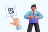an illustration of a hand clicking a QR code and a man next to it