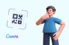 an illustration of a man, QR code and a Canva logo