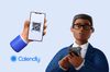 an illustration of a phone with a QR code, Calendly logo and a man holding a phone