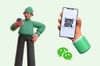 an illustration of a man checking phone, WeChat logo and a phone showing a QR code