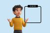 Illustration of a cheerful animated character in a yellow sweater gesturing towards a blank frame