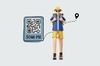 Illustration of a trackable QR code for location sharing with a tourist character
